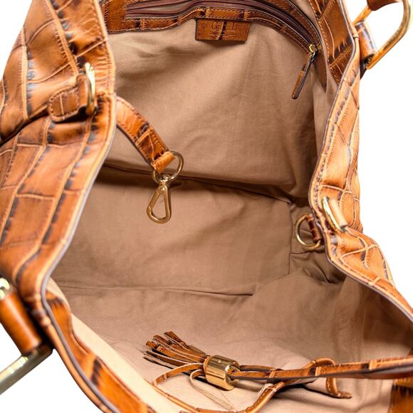 G.I.L.I. Genuine Leather Croc Embossed Satchel Tote Bag Cognac Brown - Picture 13 of 16